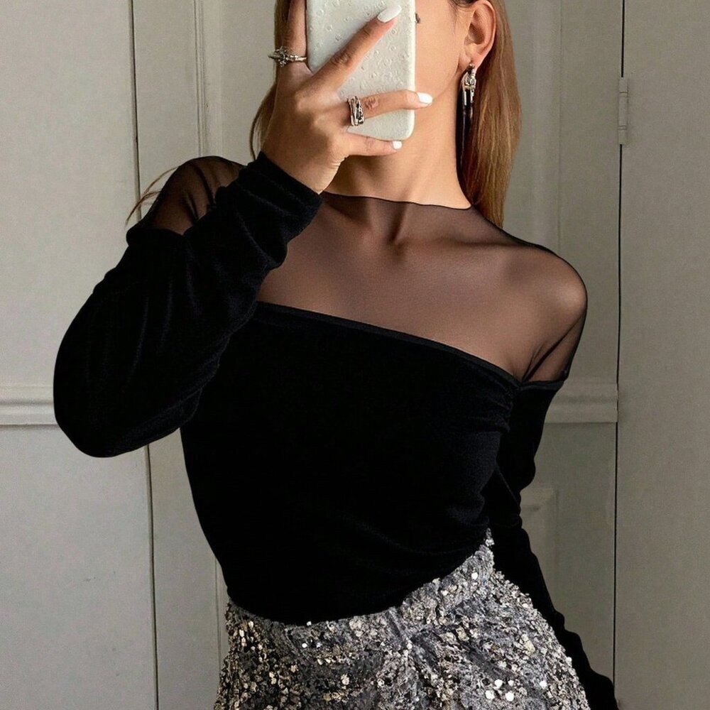 Black Casual Women's Mesh Long Sleeve Blouse - Picture 1 of 7